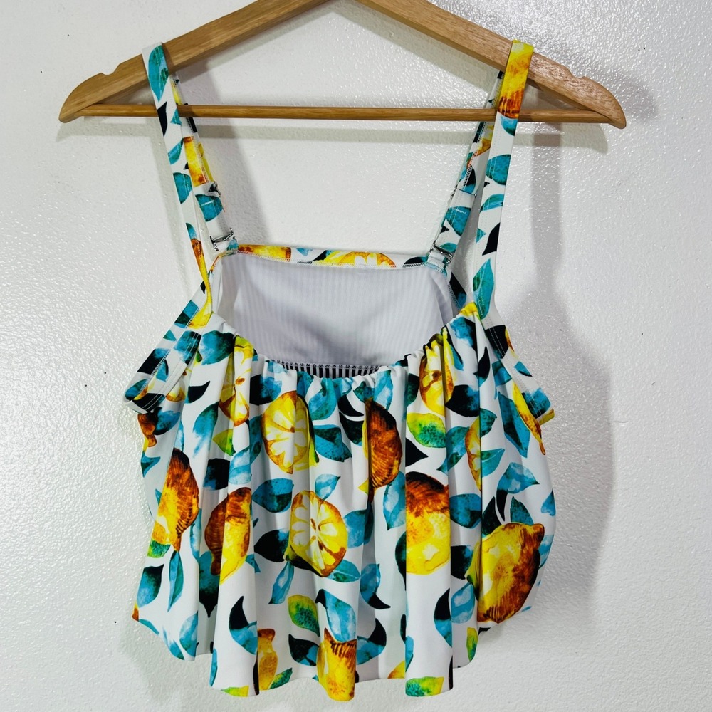 Cupshe Bikini Top Womens 1X White Lemon Print Flounce Ruffle‎ Adjustable Straps